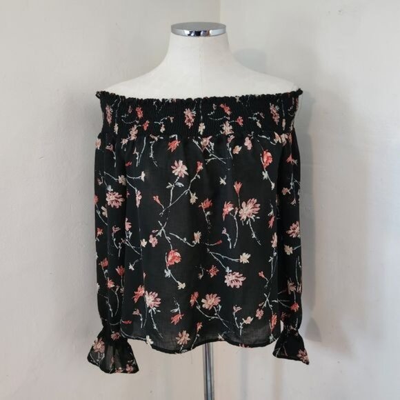 Wild Blue x Sadie Robertson‎ Black Floral Off Shoulder Semi-Sheer Blouse Medium - Picture 1 of 5
